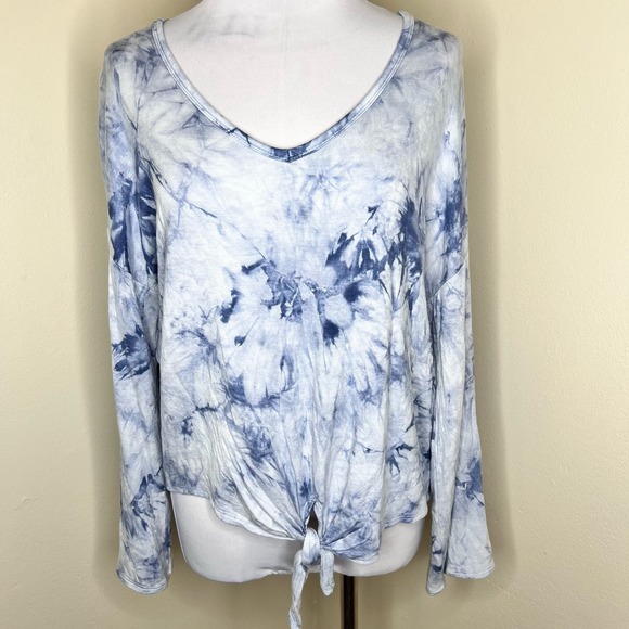 Cupio Top MEDIUM Tie Dye Blue V-Neck Fleece Lined Tie Front Pullover Oversized - Picture 2 of 8